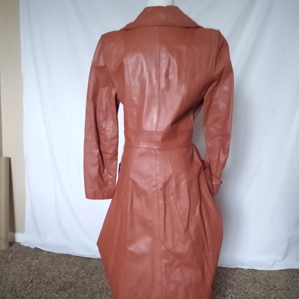 Vintage Leather Trench Coat Open Tie Close Burnt Orange by P.B.D. International - Picture 6 of 14